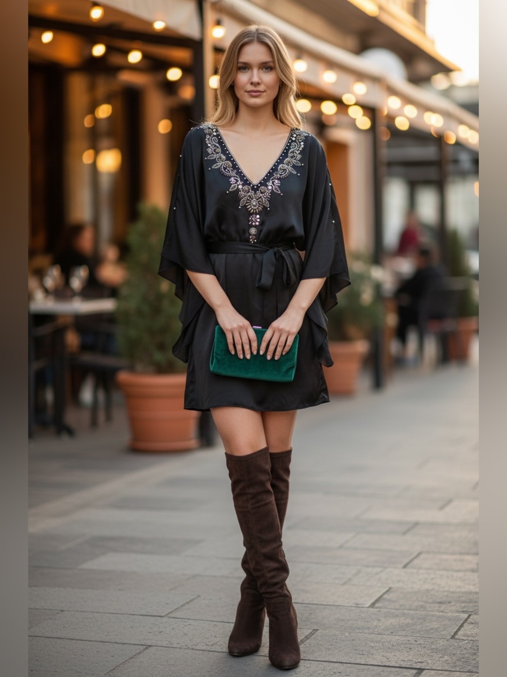 WHBM XS Black Embellish Beaded Caftan Fully Lined Tie Waist Dress Boho Cocktail